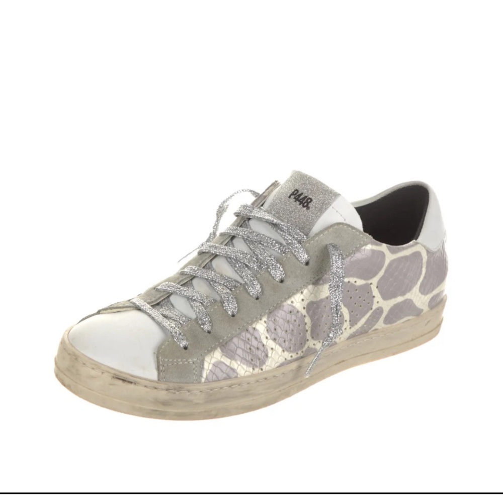 P448 White Gray Silver Animal Print Sneaker, size 38.
